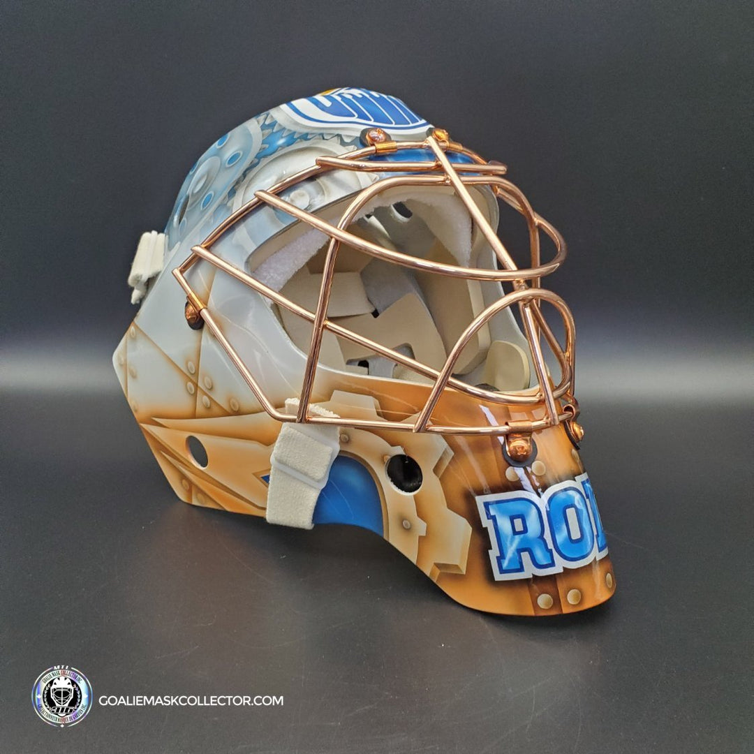 Dwayne Roloson Unsigned Goalie Mask Edmonton Clock V2 Tribute + 24k Rose Gold Plated Grill Optional