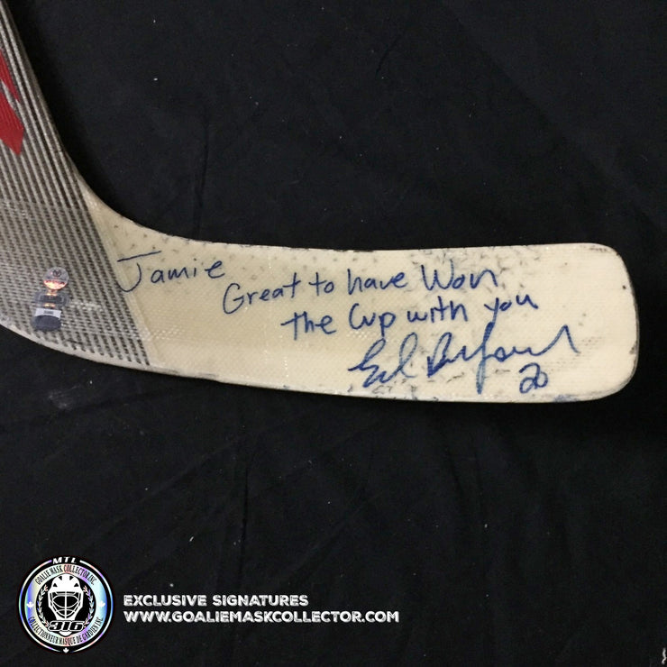 ED BELFOUR GAME USED STICK SIGNED RBK REEBOK COMMEMORATING  "THE 1999 STANLEY CUP CHAMPIONS DALLAS STARS" -INSCRIPTION DEDICATED TO HIS TEAMMATE  JAMIE LANGENBRUNNER "JAMIE GREAT TO HAVE WON THE CUP WITH YOU"
