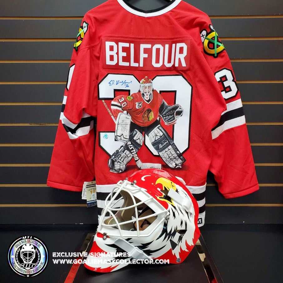Demo ED BELFOUR SIGNED JERSEY ART EDITION HAND PAINTED CHICAGO BLACKH Goalie Mask Collector