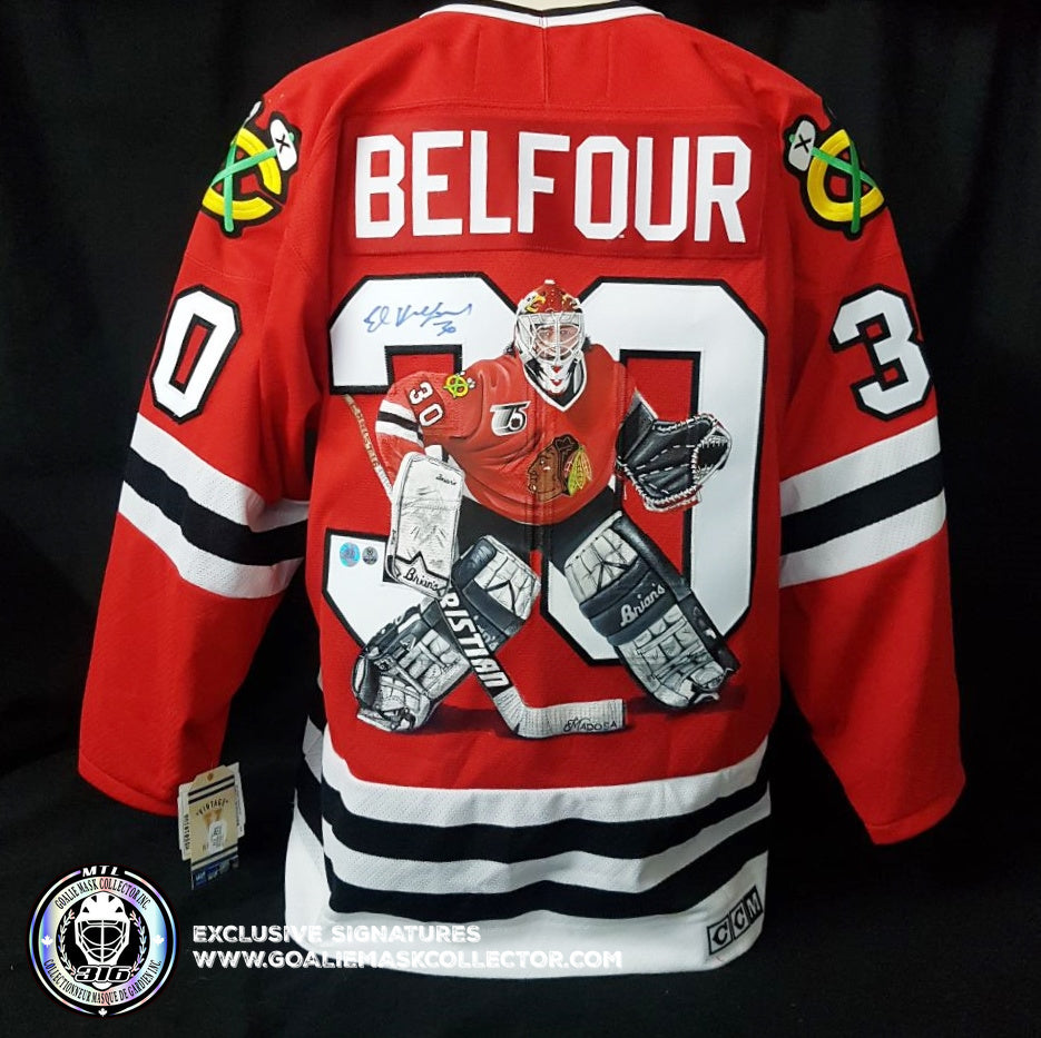 Demo ED BELFOUR SIGNED JERSEY ART EDITION HAND PAINTED CHICAGO BLACKHAWKS AUTOGRAPHED