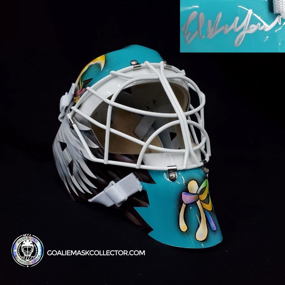 Ed Belfour Signed Goalie Mask San Jose Teal Signature Edition "Complex Eagle. Goalie Mask Collector.