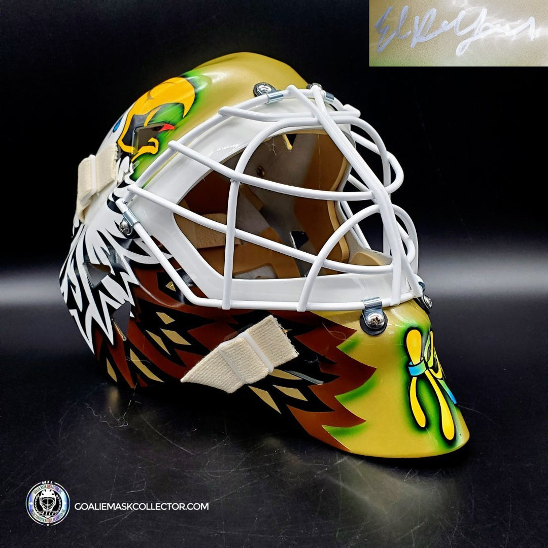 Ed Belfour Signed Goalie Mask Dallas Gold Yellow V1 CUP WINNING EDITION Simple Eagle Signature Edition Autographed
