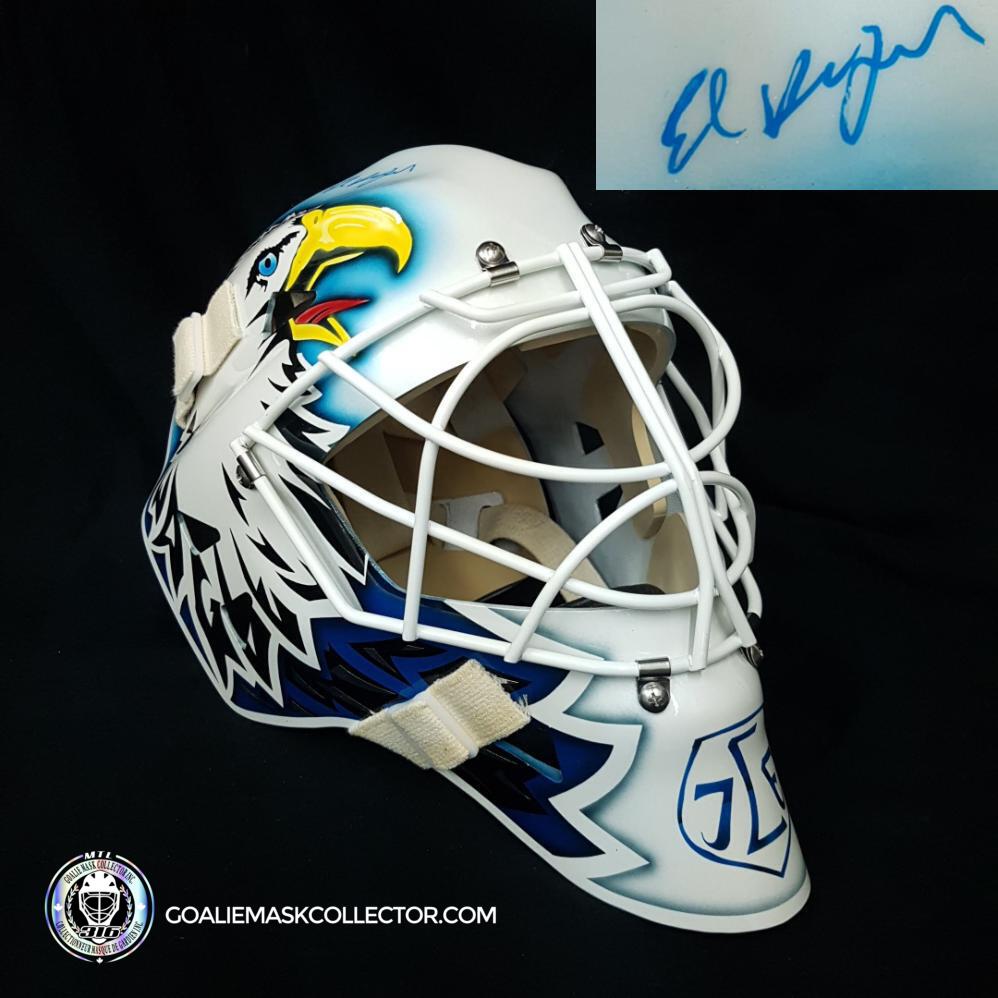 Ed Belfour Signed Goalie Mask Swedish League Leksands White "Simple Eagle" Signature Edition. Goalie Mask Collector.