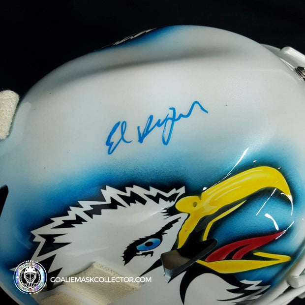 Ed Belfour Signed Goalie Mask Swedish League Leksands White "Simple Eagle" Autographed Signature Edition