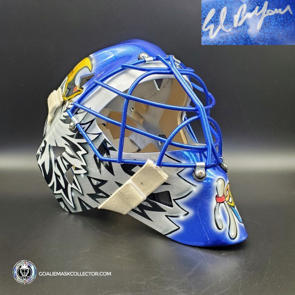 Ed Belfour Signed Goalie Mask Toronto Blue V1 "THE MAN GLITTER COLLECTION" Signature Edition and Glitter Blue Grill. Goalie Mask Collector.