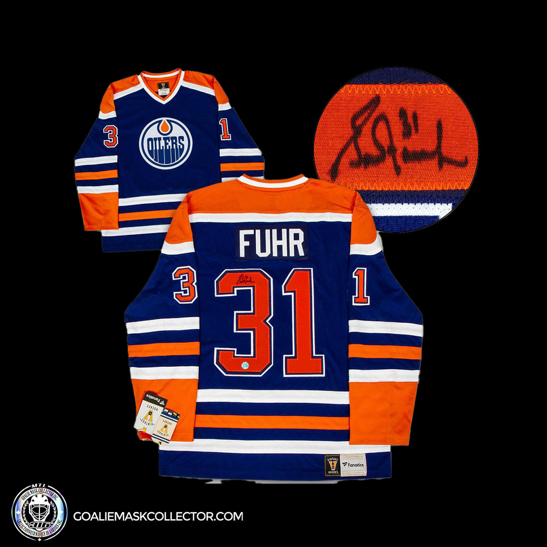 Grant Fuhr Edmonton Oilers Signed Jersey Blue Fanatics Vintage. Goalie Mask Collector.