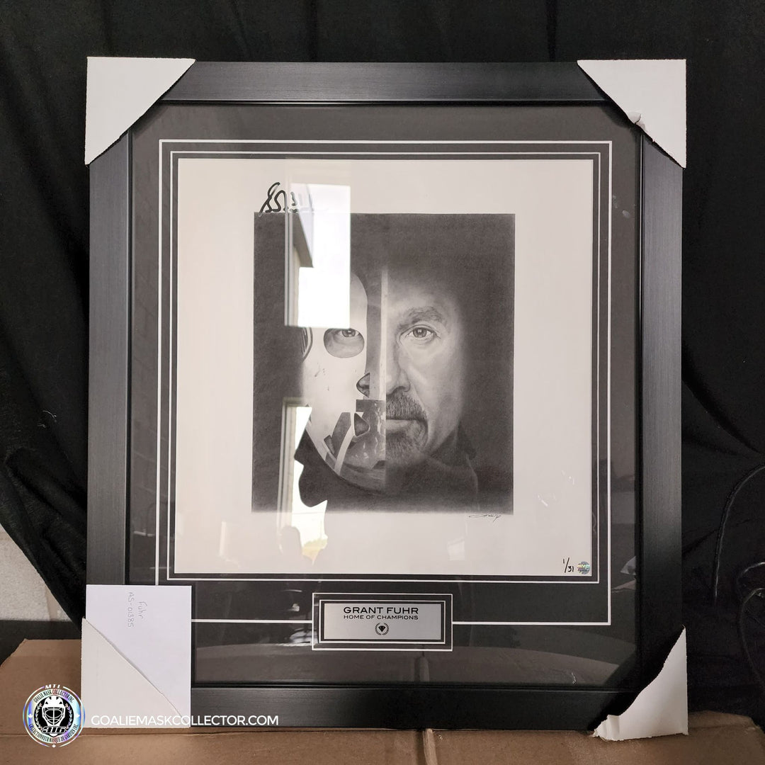 Grant Fuhr Signed Frame Pencil Sketching Canvas #1/31. Goalie Mask Collector.
