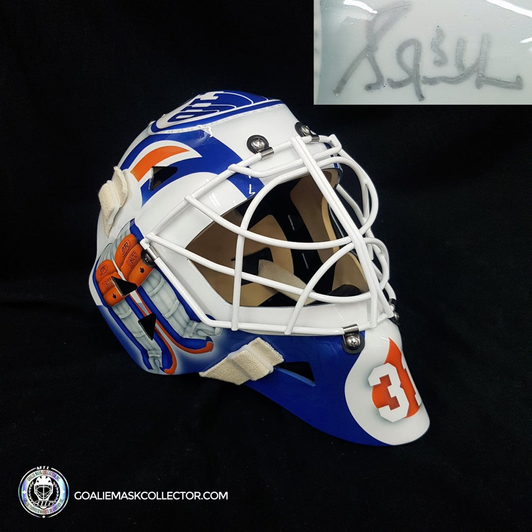 Grant Fuhr Signed Goalie Mask "THE GEAR COLLECTION" DandR Daignault Rolland Pad Set Edmonton Signature Edition. Goalie Mask Collector.