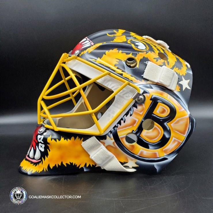 The new helmet of Boston Bruins goalie Linus Ullmark features his