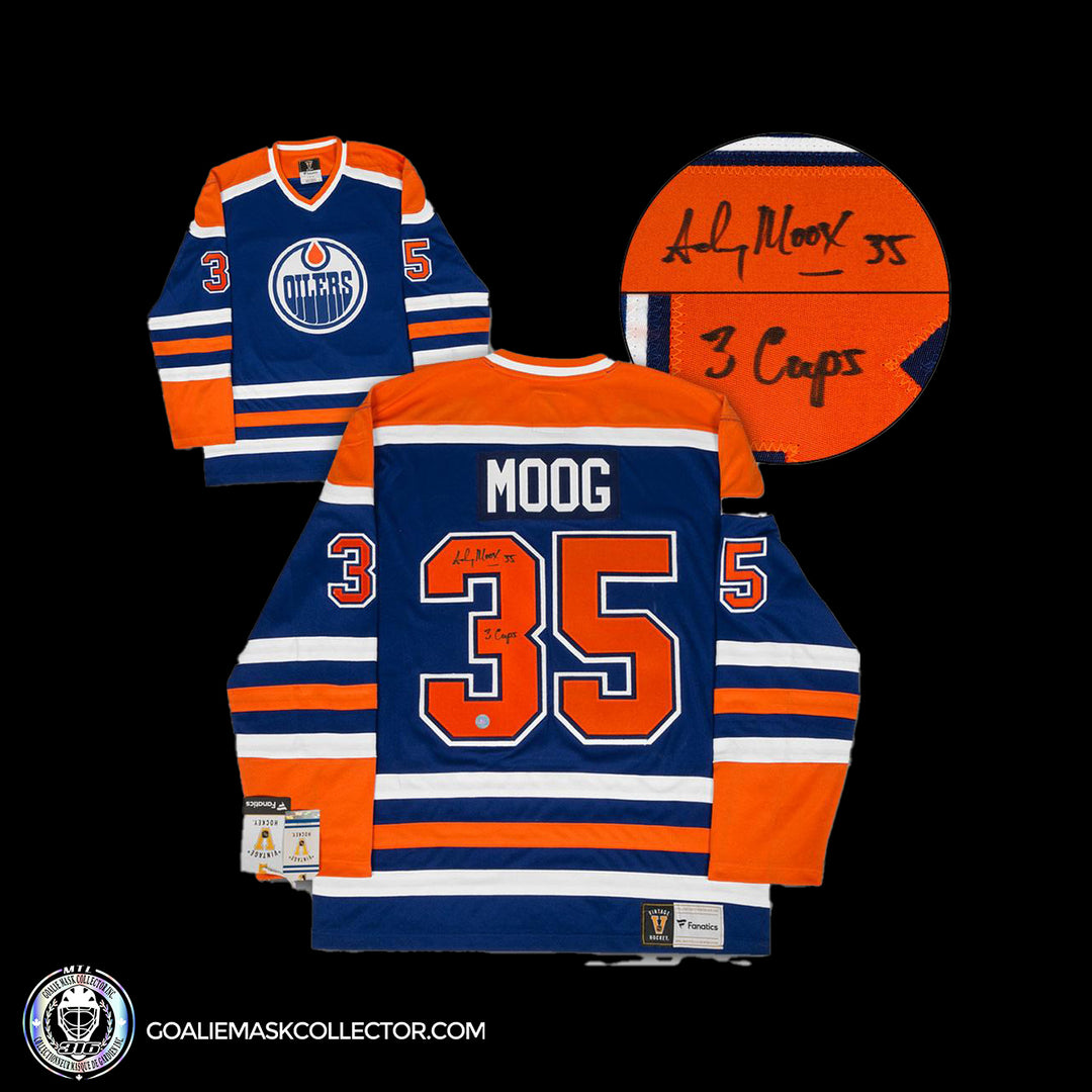 Andy Moog Signed Jersey Edmonton Oilers. Goalie Mask Collector.