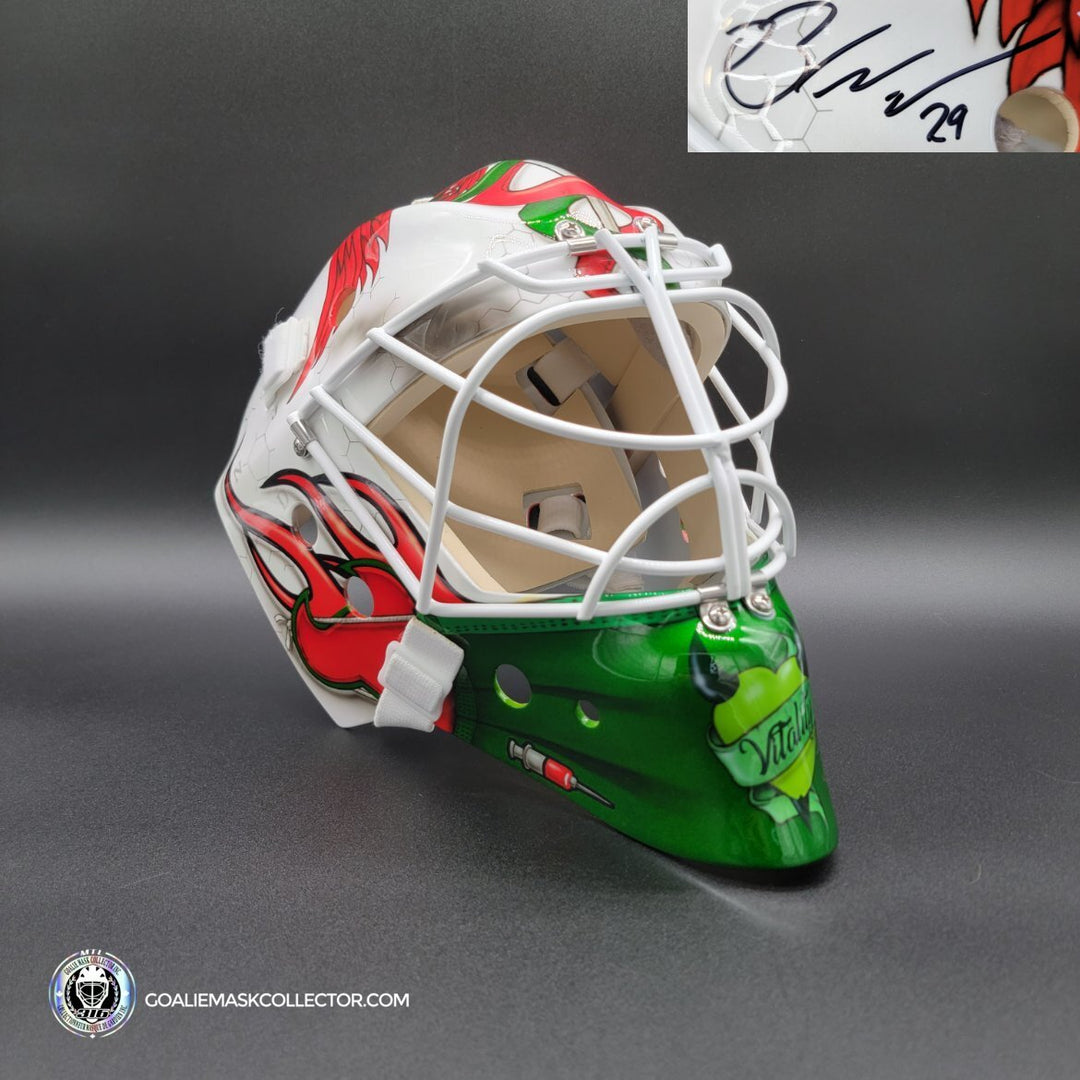 Mackenzie Blackwood Goalie Mask Game Worn and Signed 2021 New Jersey Devils Dom Malerba Shell Painted by Sylabrush Sylvie Marsolais - SOLD
