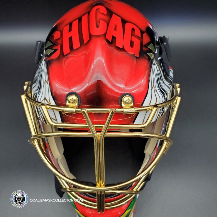 Marc-Andre Fleury Unsigned Goalie Mask Premium Chicago 2021 Tribute + 24K Gold Plated Grill