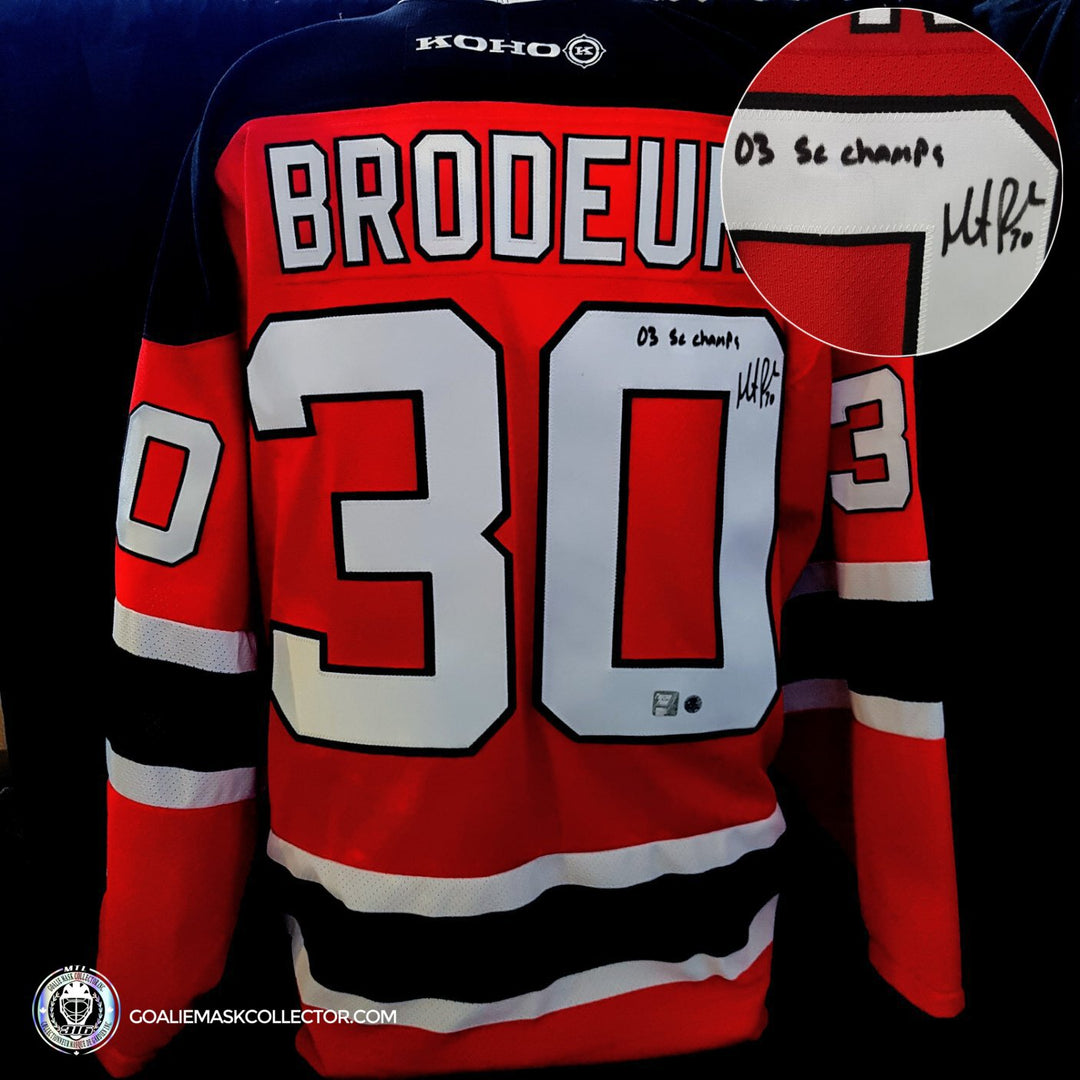Martin Brodeur Signed Jersey "03 SC Champs" Inscription New Jersey Devils Red. Goalie Mask Collector.