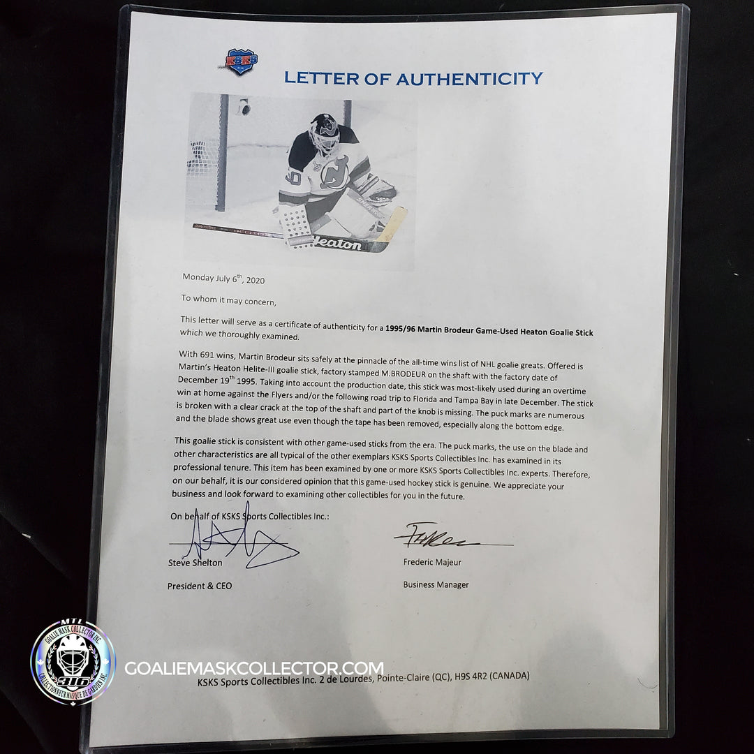 Martin Brodeur Game Used Stick Heaton Elite III 1995-96 New Jersey Dev –  Goalie Mask Collector