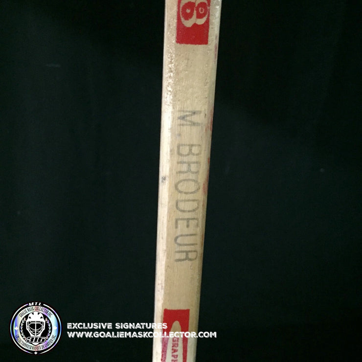 MARTIN BRODEUR GAME USED SIGNED AUTOGRAPHED STICK CCM HEATON 8 PLAYOFFS 2001 STANLEY CUP FINALS VS COLORADO AVALANCHE - "COL 3"  KNOB INSCRIPTION