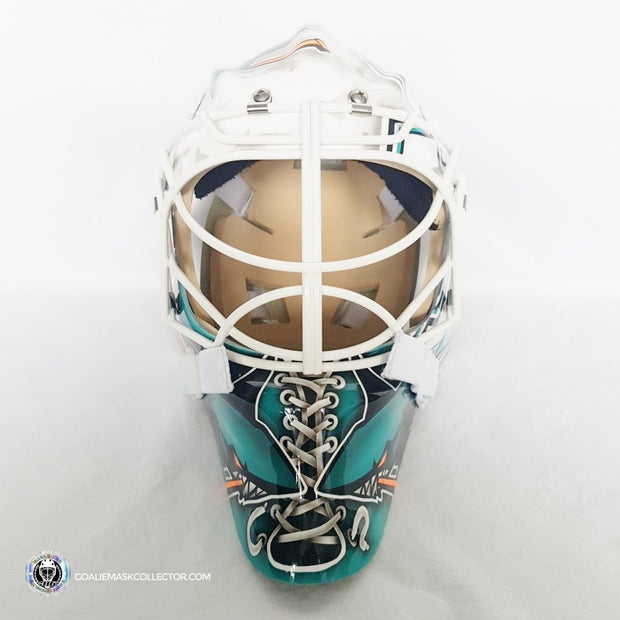 The artwork on the mask of Seattle Kraken goalie Martin Jones is