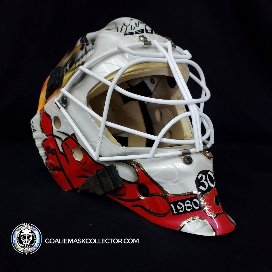 Miikka "Kipper" Kiprusoff Game Worn Goalie Mask 2009-10 Calgary Flames 30th Anniversary Painted by David Arrigo on Bauer Pro Shell Autographed - SOLD