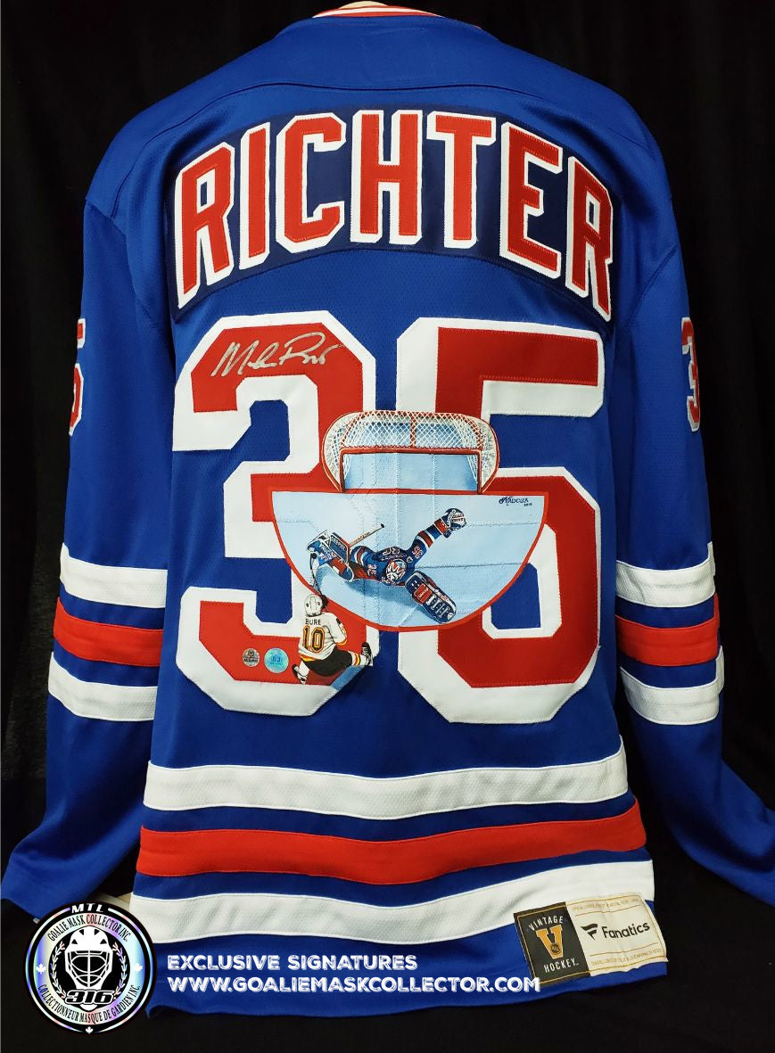 Mike Richter Signed Jersey Art Edition Hand Painted 1994 New York Rangers "THE SAVE" Pavel Bure. Goalie Mask Collector.