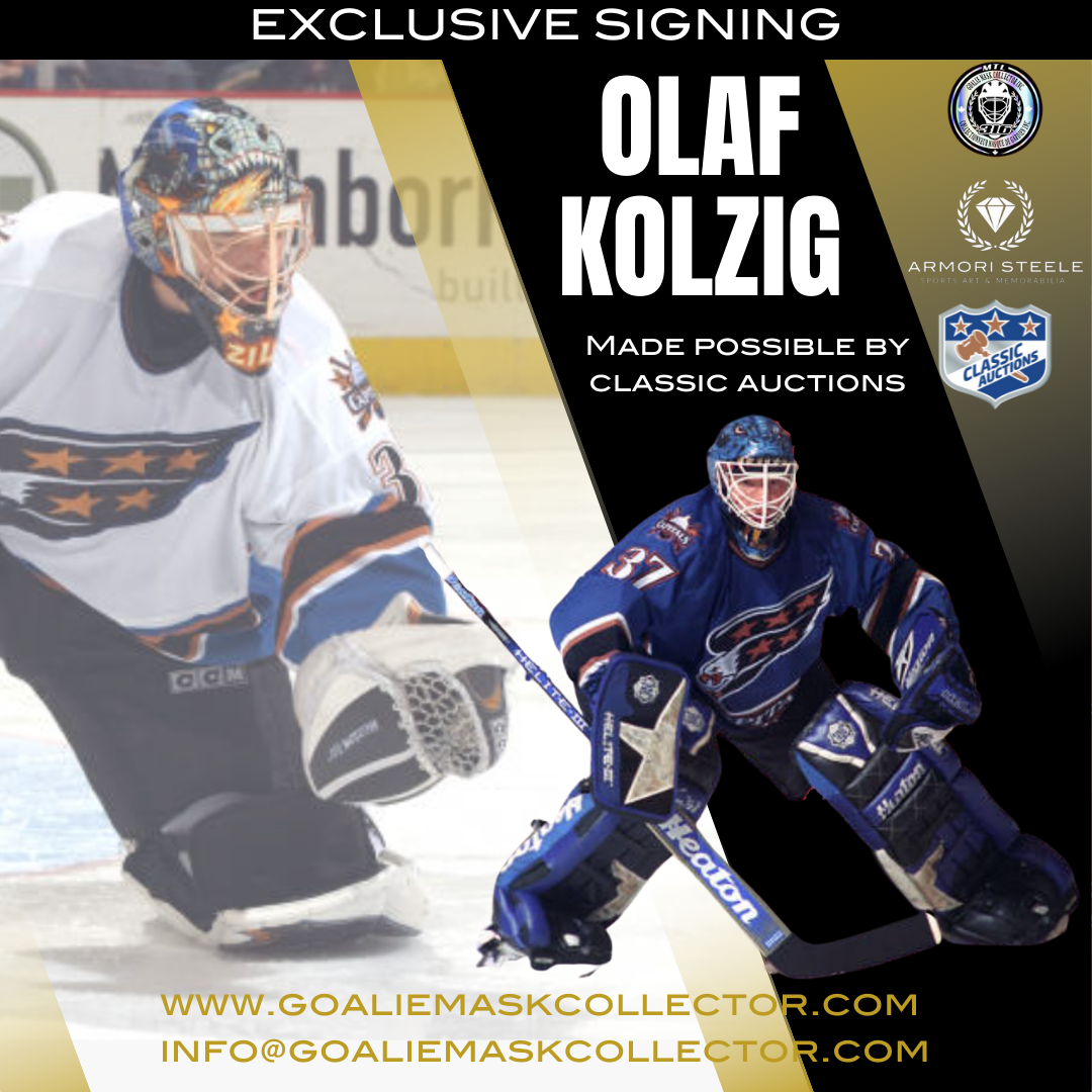 Autograph signing image: Olaf Kolzig goalie mask. Goalie Mask Collector.