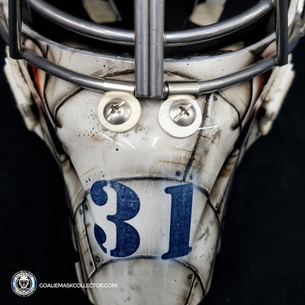 Ondrej Pavelec Practice Worn Game Issued Goalie Mask Winnipeg Jets 2013 Painted by David Gunnarsson DaveArt "The Bomb Attack" on CCM Lefebvre