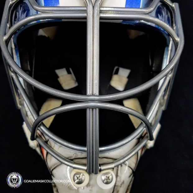 Ondrej Pavelec Practice Worn Game Issued Goalie Mask Winnipeg Jets 2013 Painted by David Gunnarsson DaveArt "The Bomb Attack" on CCM Lefebvre