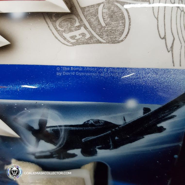 Ondrej Pavelec Practice Worn Game Issued Goalie Mask Winnipeg Jets 2013 Painted by David Gunnarsson DaveArt "The Bomb Attack" on CCM Lefebvre