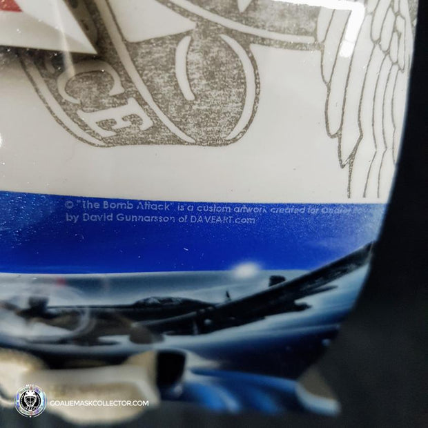 Ondrej Pavelec Practice Worn Game Issued Goalie Mask Winnipeg Jets 2013 Painted by David Gunnarsson DaveArt "The Bomb Attack" on CCM Lefebvre