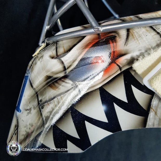Ondrej Pavelec Practice Worn Game Issued Goalie Mask Winnipeg Jets 2013 Painted by David Gunnarsson DaveArt "The Bomb Attack" on CCM Lefebvre