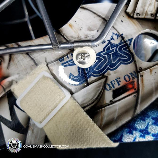 Ondrej Pavelec Practice Worn Game Issued Goalie Mask Winnipeg Jets 2013 Painted by David Gunnarsson DaveArt "The Bomb Attack" on CCM Lefebvre