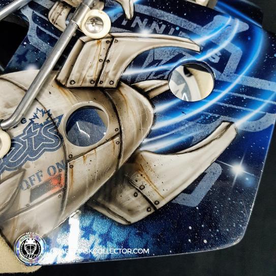 Ondrej Pavelec Practice Worn Game Issued Goalie Mask Winnipeg Jets 2013 Painted by David Gunnarsson DaveArt "The Bomb Attack" on CCM Lefebvre