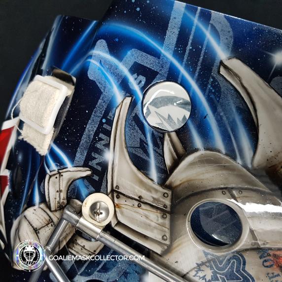 Ondrej Pavelec Practice Worn Game Issued Goalie Mask Winnipeg Jets 2013 Painted by David Gunnarsson DaveArt "The Bomb Attack" on CCM Lefebvre