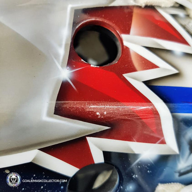Ondrej Pavelec Practice Worn Game Issued Goalie Mask Winnipeg Jets 2013 Painted by David Gunnarsson DaveArt "The Bomb Attack" on CCM Lefebvre