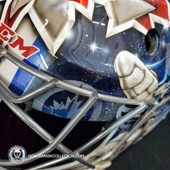 Ondrej Pavelec Practice Worn Game Issued Goalie Mask Winnipeg Jets 2013 Painted by David Gunnarsson DaveArt "The Bomb Attack" on CCM Lefebvre