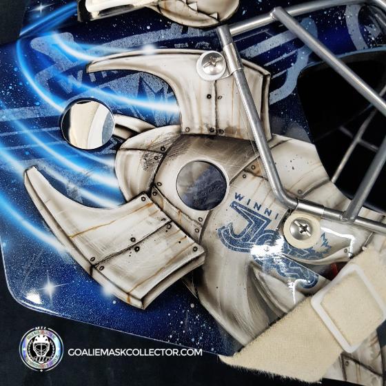 Ondrej Pavelec Practice Worn Game Issued Goalie Mask Winnipeg Jets 2013 Painted by David Gunnarsson DaveArt "The Bomb Attack" on CCM Lefebvre - SOLD
