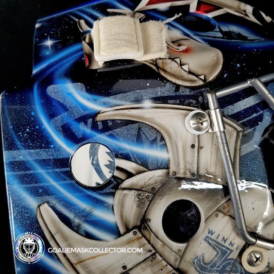 Ondrej Pavelec Practice Worn Game Issued Goalie Mask Winnipeg Jets 2013 Painted by David Gunnarsson DaveArt "The Bomb Attack" on CCM Lefebvre
