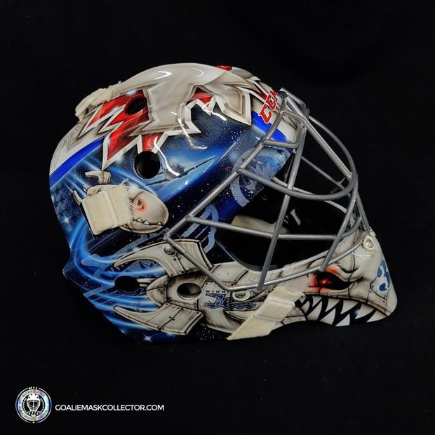 Ondrej Pavelec Practice Worn Game Issued Goalie Mask Winnipeg Jets 2013 Painted by David Gunnarsson DaveArt "The Bomb Attack" on CCM Lefebvre