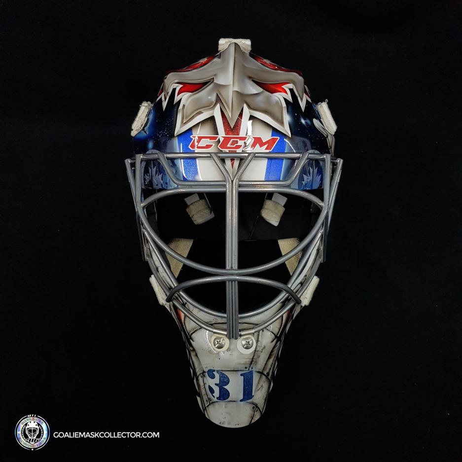 Ondrej Pavelec Practice Worn Game Issued Goalie Mask Winnipeg Jets 2013 Painted by David Gunnarsson DaveArt "The Bomb Attack" on CCM Lefebvre
