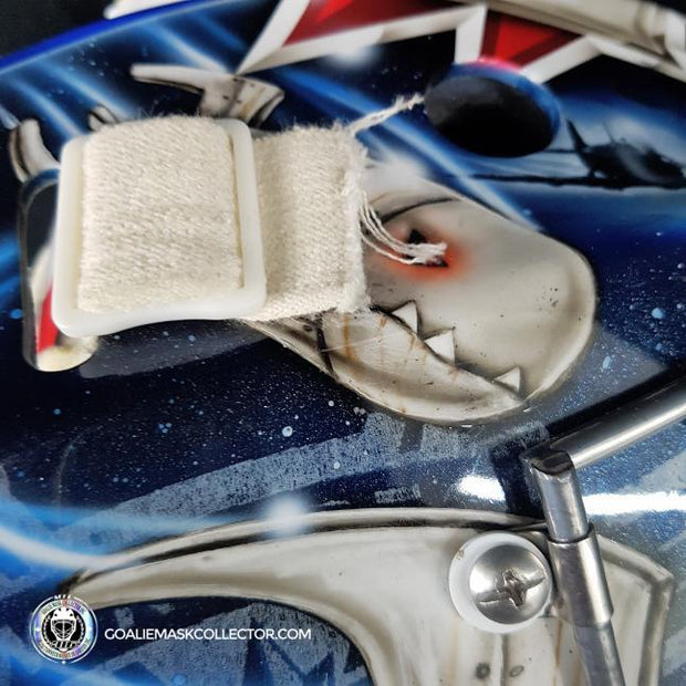 Ondrej Pavelec Practice Worn Game Issued Goalie Mask Winnipeg Jets 2013 Painted by David Gunnarsson DaveArt "The Bomb Attack" on CCM Lefebvre