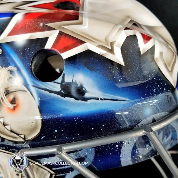 Ondrej Pavelec Practice Worn Game Issued Goalie Mask Winnipeg Jets 2013 Painted by David Gunnarsson DaveArt "The Bomb Attack" on CCM Lefebvre