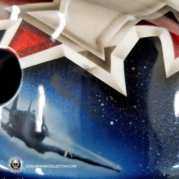 Ondrej Pavelec Practice Worn Game Issued Goalie Mask Winnipeg Jets 2013 Painted by David Gunnarsson DaveArt "The Bomb Attack" on CCM Lefebvre