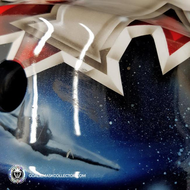 Ondrej Pavelec Practice Worn Game Issued Goalie Mask Winnipeg Jets 2013 Painted by David Gunnarsson DaveArt "The Bomb Attack" on CCM Lefebvre