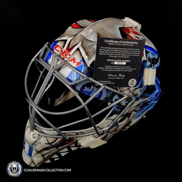 Ondrej Pavelec Practice Worn Game Issued Goalie Mask Winnipeg Jets 2013 Painted by David Gunnarsson DaveArt "The Bomb Attack" on CCM Lefebvre