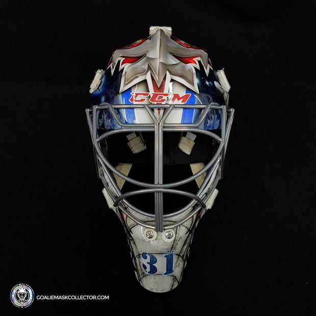 Ondrej Pavelec Practice Worn Game Issued Goalie Mask Winnipeg Jets 2013 Painted by David Gunnarsson DaveArt "The Bomb Attack" on CCM Lefebvre