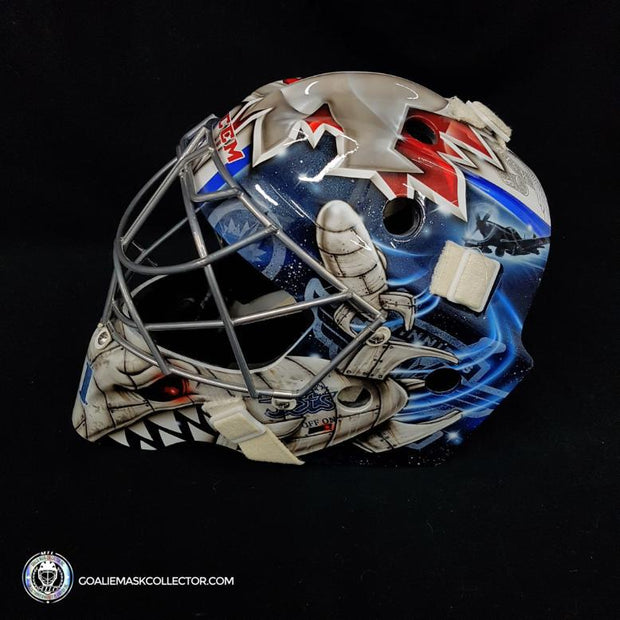 Ondrej Pavelec Practice Worn Game Issued Goalie Mask Winnipeg Jets 2013 Painted by David Gunnarsson DaveArt "The Bomb Attack" on CCM Lefebvre