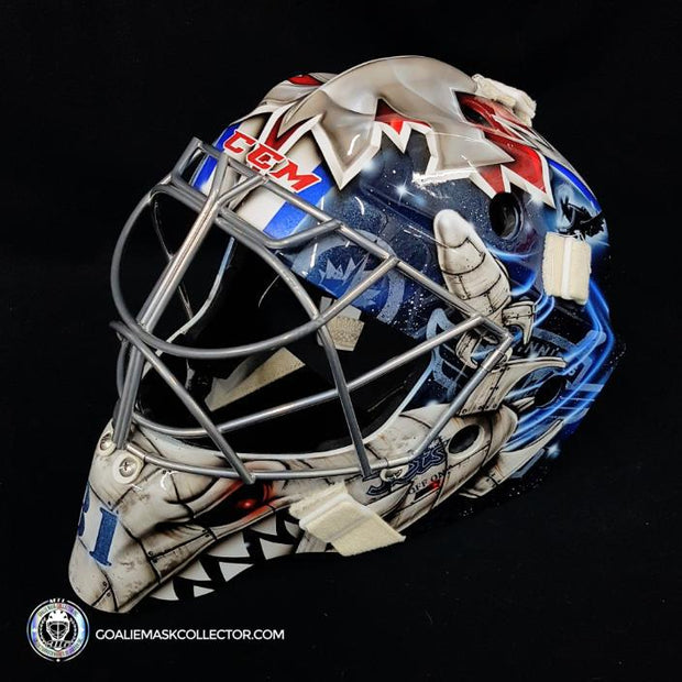 Ondrej Pavelec Practice Worn Game Issued Goalie Mask Winnipeg Jets 2013 Painted by David Gunnarsson DaveArt "The Bomb Attack" on CCM Lefebvre