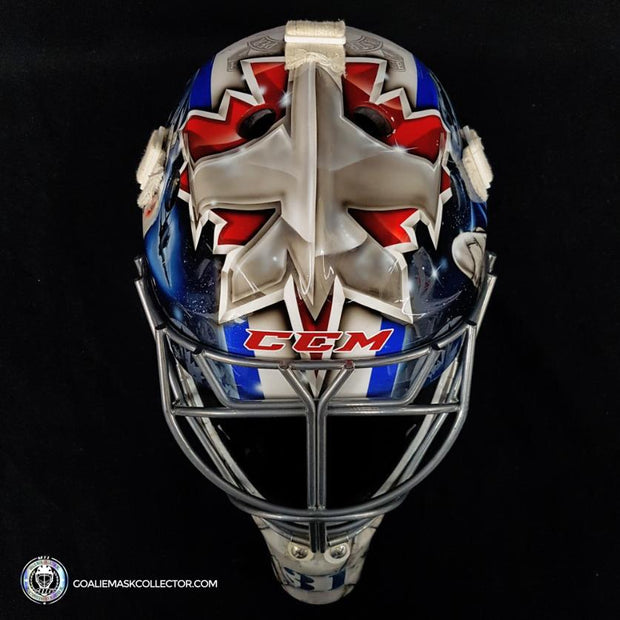 Ondrej Pavelec Practice Worn Game Issued Goalie Mask Winnipeg Jets 2013 Painted by David Gunnarsson DaveArt "The Bomb Attack" on CCM Lefebvre