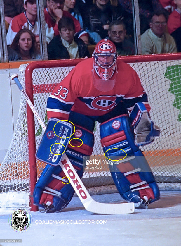 ULTIMATE PACKAGE: Patrick Roy Game Worn Goalie Pads KOHO REVOLUTION + Goalie Mask LEFEBVRE Full Set + Game Used Stick 1993-94 Montreal Canadiens Glove Blocker and Pads Photomatched