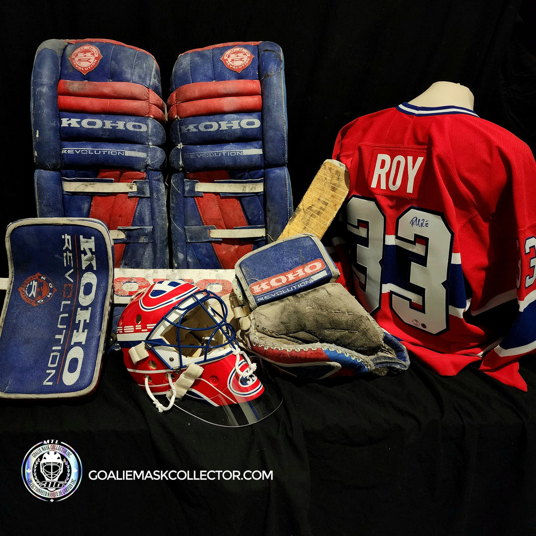 ULTIMATE PACKAGE: Patrick Roy Game Worn Goalie Pads KOHO REVOLUTION + Goalie Mask LEFEBVRE Full Set + Game Used Stick 1993-94 Montreal Canadiens Glove Blocker and Pads Photomatched - SOLD