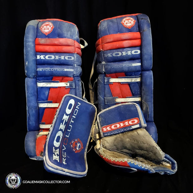 ULTIMATE PACKAGE: Patrick Roy Game Worn Goalie Pads KOHO REVOLUTION + Goalie Mask LEFEBVRE Full Set + Game Used Stick 1993-94 Montreal Canadiens Glove Blocker and Pads Photomatched