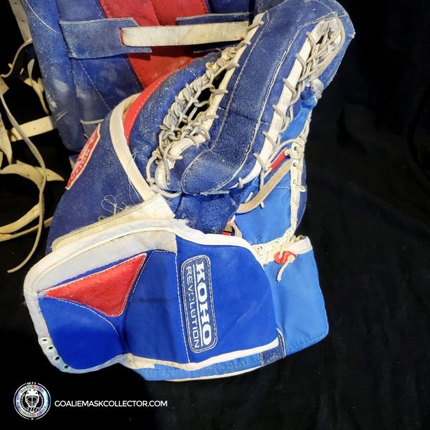 Patrick Roy Game Worn Goalie Pads KOHO REVOLUTION Full Set 1993-94 Montreal Canadiens Glove Blocker and Pads Photomatched AS-02646 (gloves) + AS-02467 (pads)